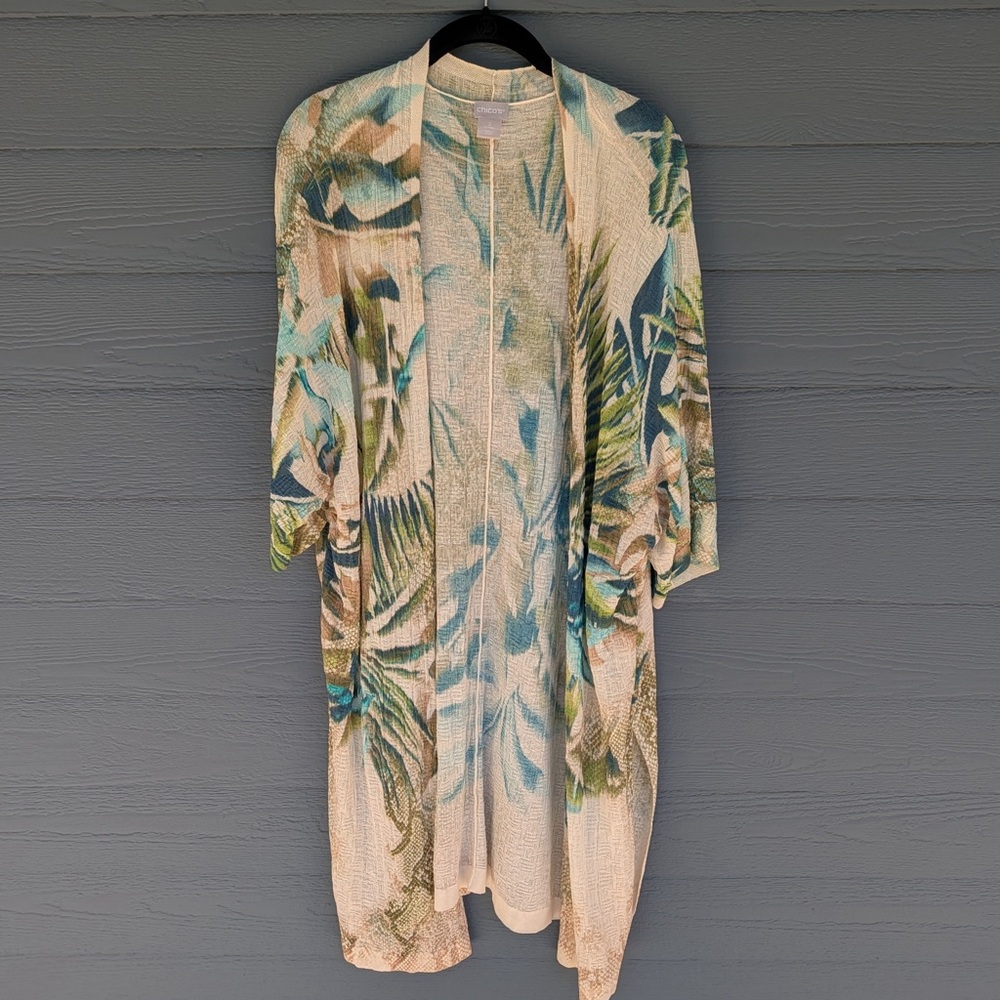 Chico’s Tropical Leaf Knit Open-Front Kimono - Cream with Teal & Green Accents